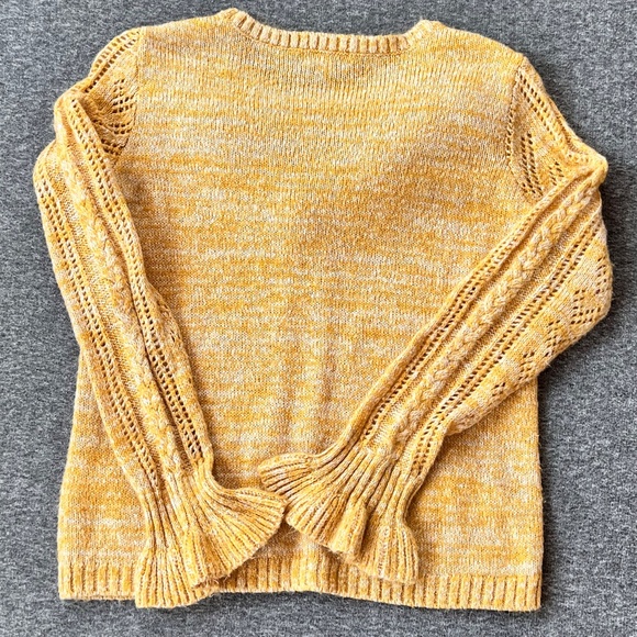 Kensie Heathered Open Knit Ruffle Sweater Sz M Retro Mustard Shabby Chic Cottage - Picture 5 of 12